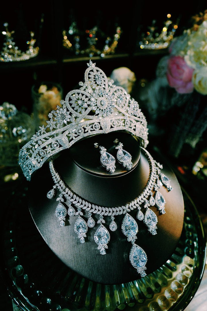 Silver Crystal Bridal Crown Vintage Elegant Necklace Trio - Jewelry Set - WonderlandByLilian