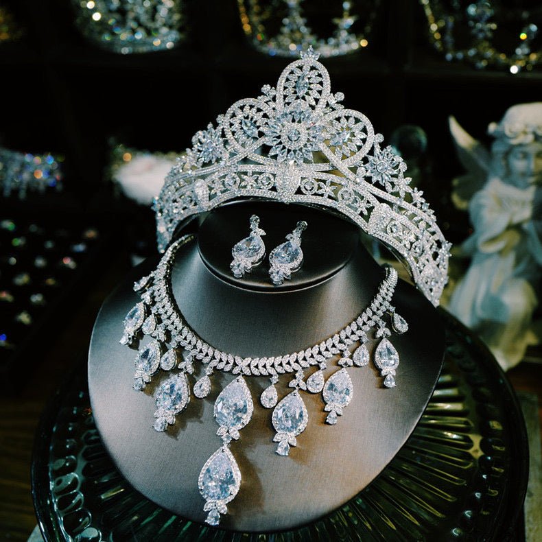 Silver Crystal Bridal Crown With Vintage Elegant Necklace Trio Jewelry Set