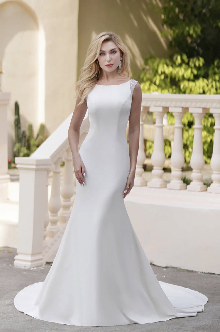 Simple Satin Fit And Flare Sheath Light Ivory Wedding Dresses With Beaded Backless - Plus Size - WonderlandByLilian