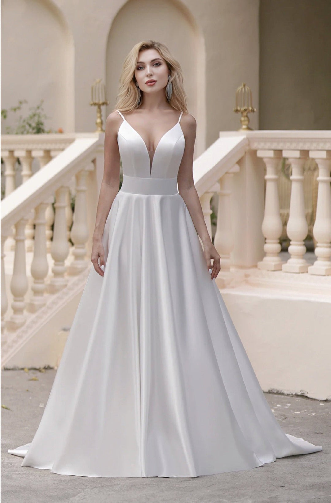 Vintage A-Line Satin V- Neck Light Ivory Timeless Ball Gown With Pockets - Plus Size - WonderlandByLilian