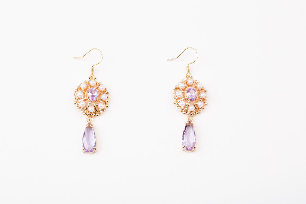 Vintage Baroque Purple Gemstones Earrings - Precious Stone Pearl Crystals for Women Regency Era Style - French Jewelry - WonderlandByLilian