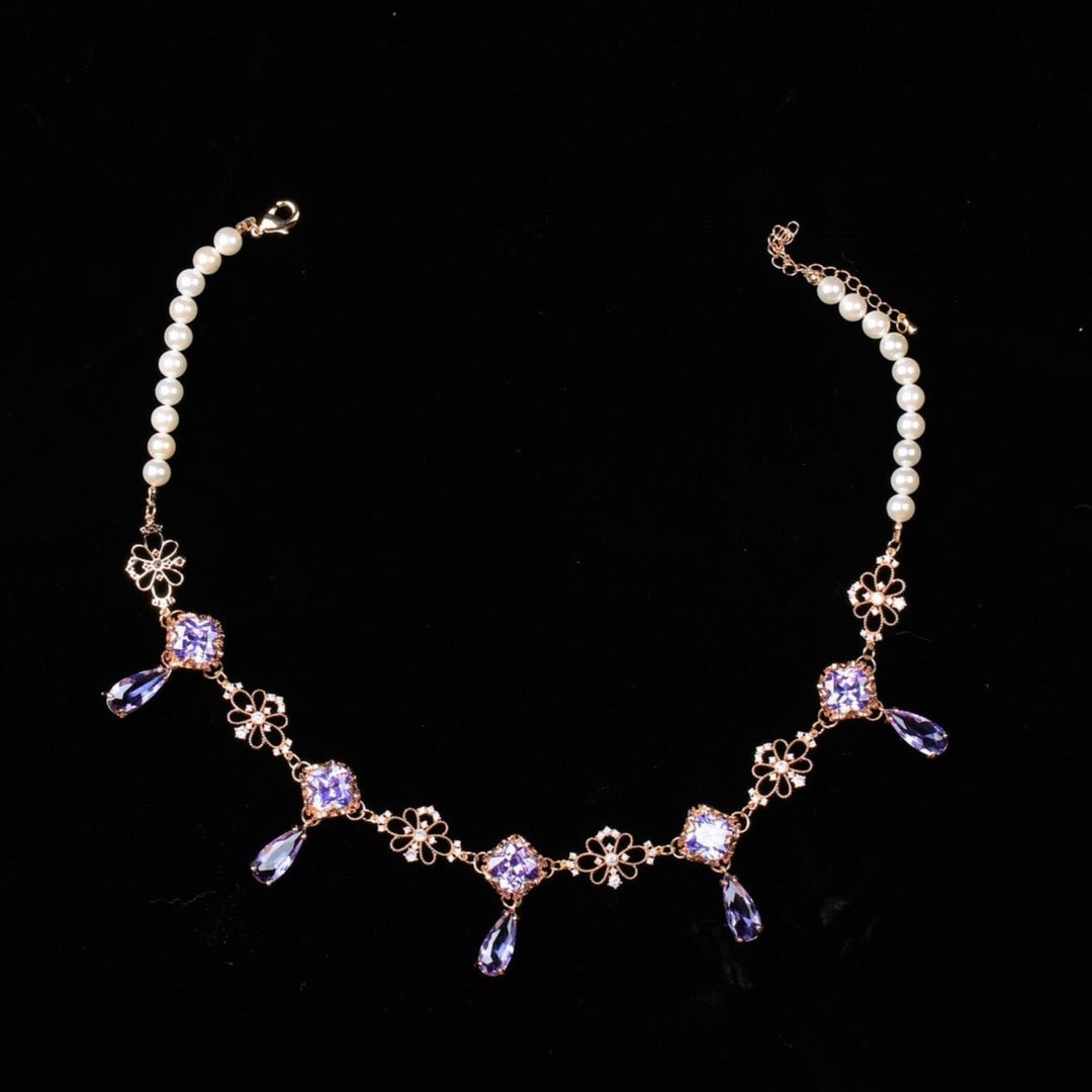 Vintage Baroque Purple Gemstones Necklace - Precious Stone Pearl Crystals for Women Regency Era Style - French Jewelry Bridgerton Inspired Regency Era Pearl Necklace Purple - WonderlandByLilian