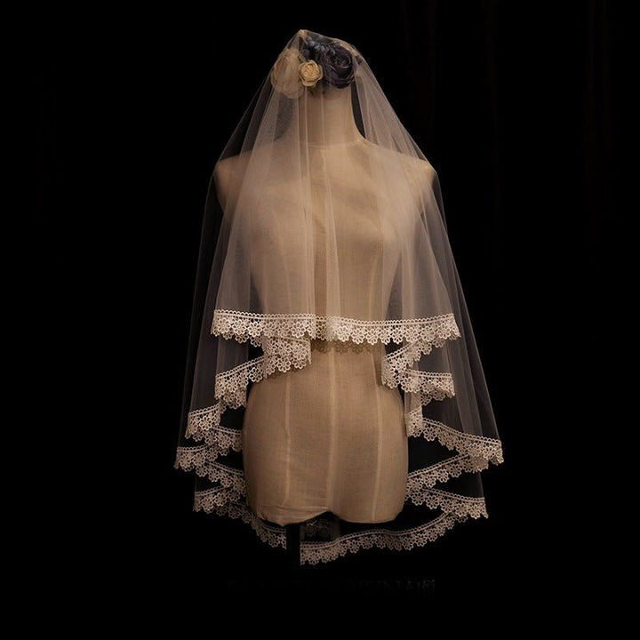 Vintage Fingertip Length Lace Edged Wedding Veil With Embroidery - WonderlandByLilian