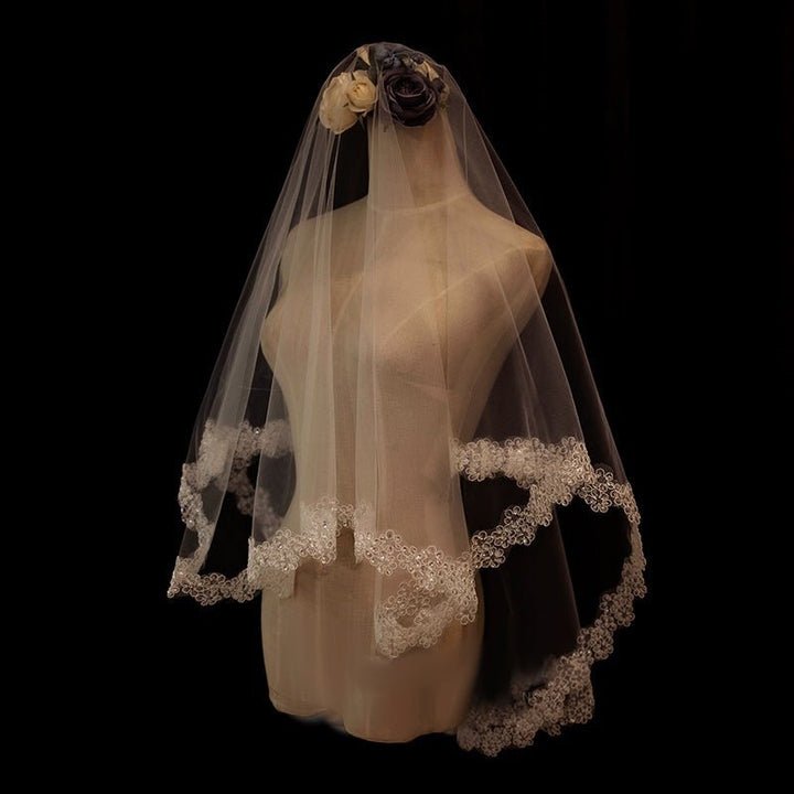 Vintage Fingertip Length Lace Edged Wedding Veil With Embroidery - WonderlandByLilian