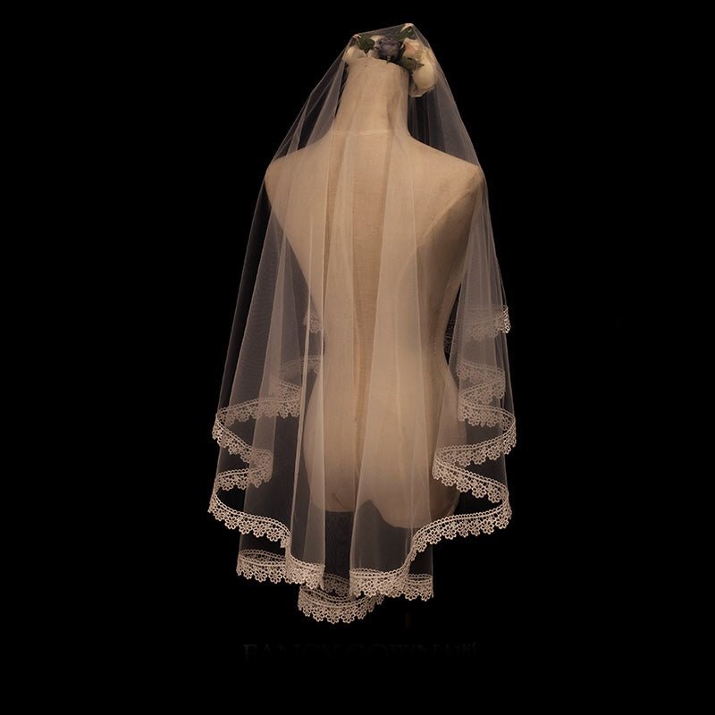 Vintage Fingertip Length Lace Edged Wedding Veil With Embroidery - WonderlandByLilian