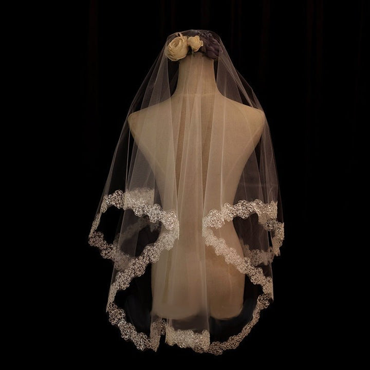 Vintage Fingertip Length Lace Edged Wedding Veil With Embroidery - WonderlandByLilian