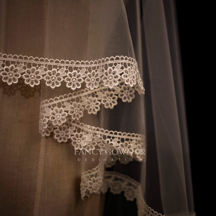 Vintage Fingertip Length Lace Edged Wedding Veil With Embroidery - WonderlandByLilian