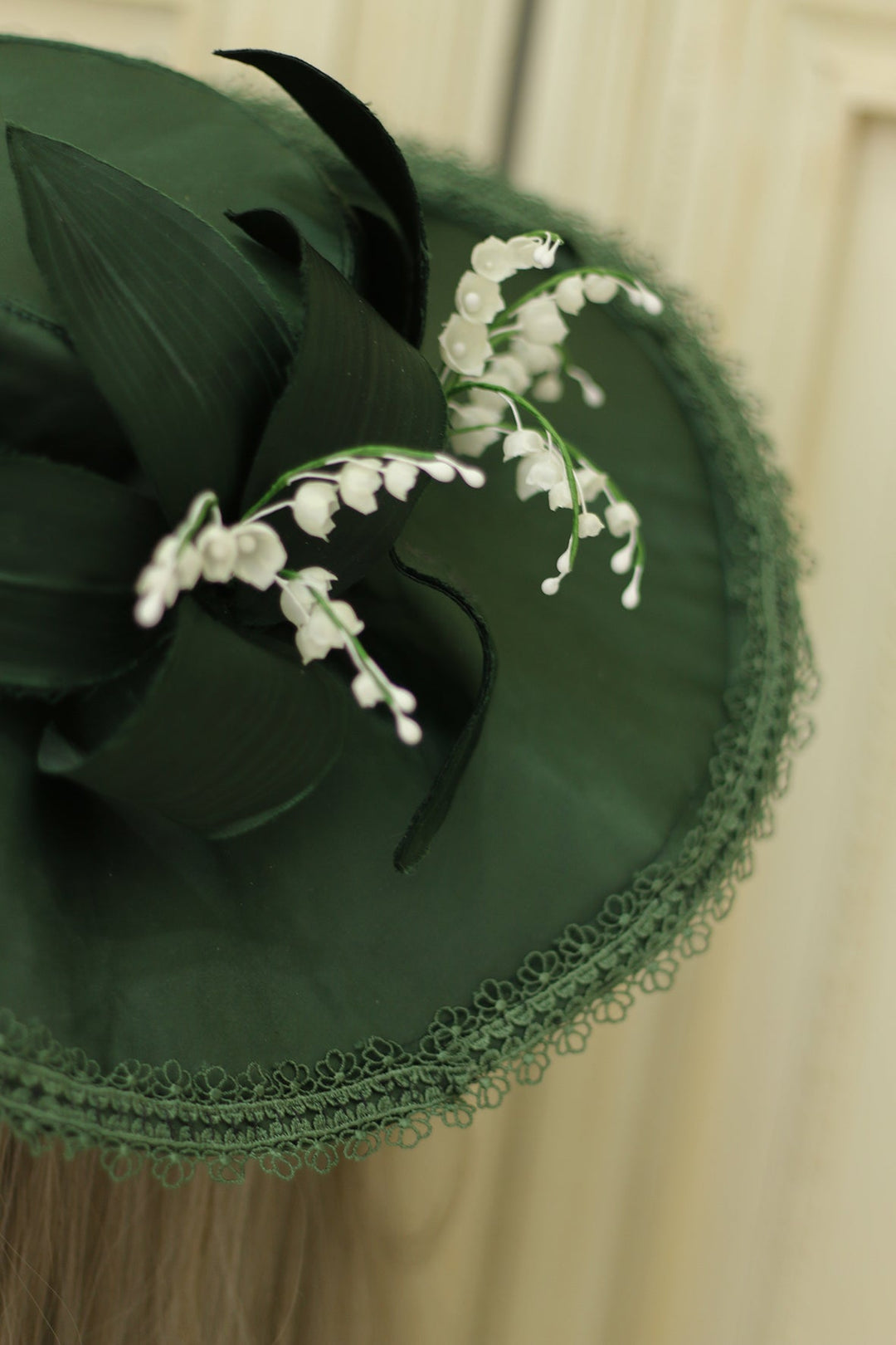 Vintage Inspired Floral Emerald Top Hat - lilies of the valley - WonderlandByLilian