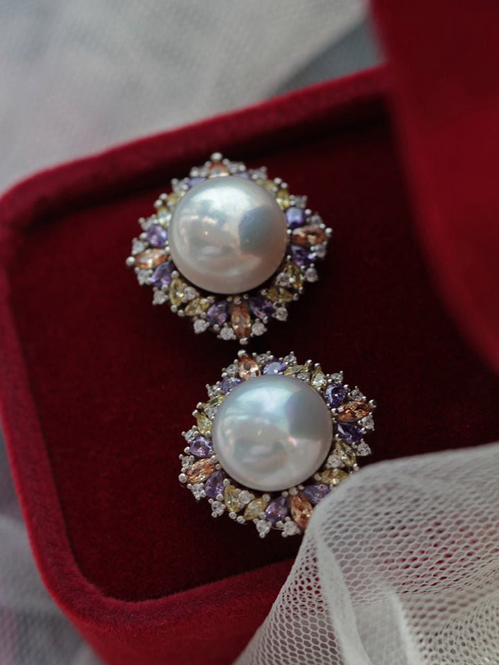 Vintage Inspired Fresh Water Pearl Earrings With Purple Crystal - 12mm Pearl - WonderlandByLilian