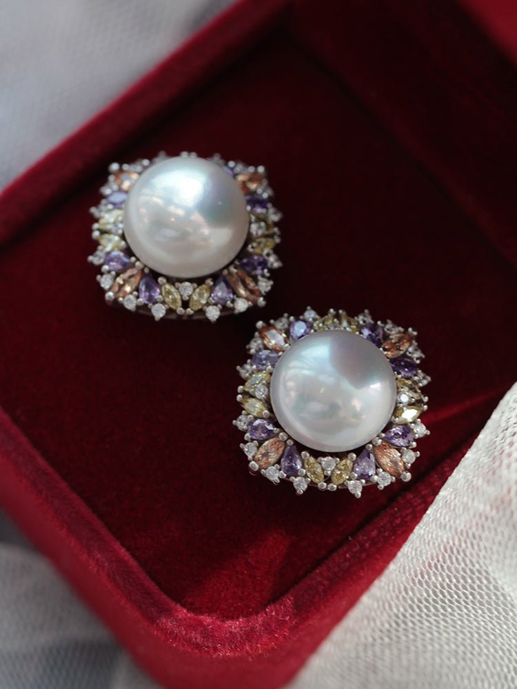 Vintage Inspired Fresh Water Pearl Earrings With Purple Crystal - 12mm Pearl - WonderlandByLilian