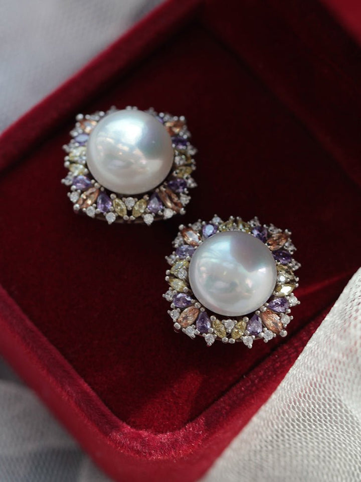 Vintage Inspired Fresh Water Pearl Earrings With Purple Crystal - 12mm Pearl - WonderlandByLilian