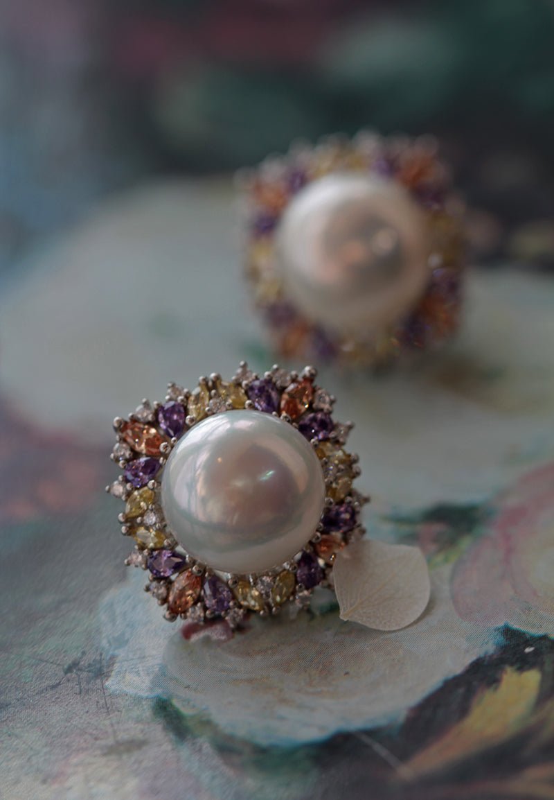 Vintage Inspired Fresh Water Pearl Earrings With Purple Crystal - 12mm Pearl - WonderlandByLilian