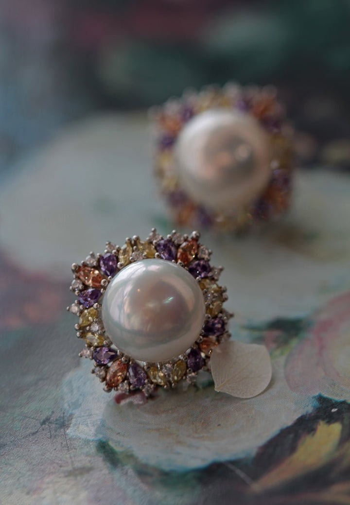 Vintage Inspired Fresh Water Pearl Earrings With Purple Crystal - 12mm Pearl - WonderlandByLilian