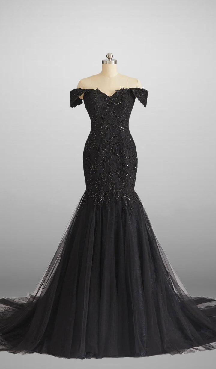 Vintage Inspired Gothic Black Lace Beaded Mermaid Wedding Dress Plus Size - WonderlandByLilian