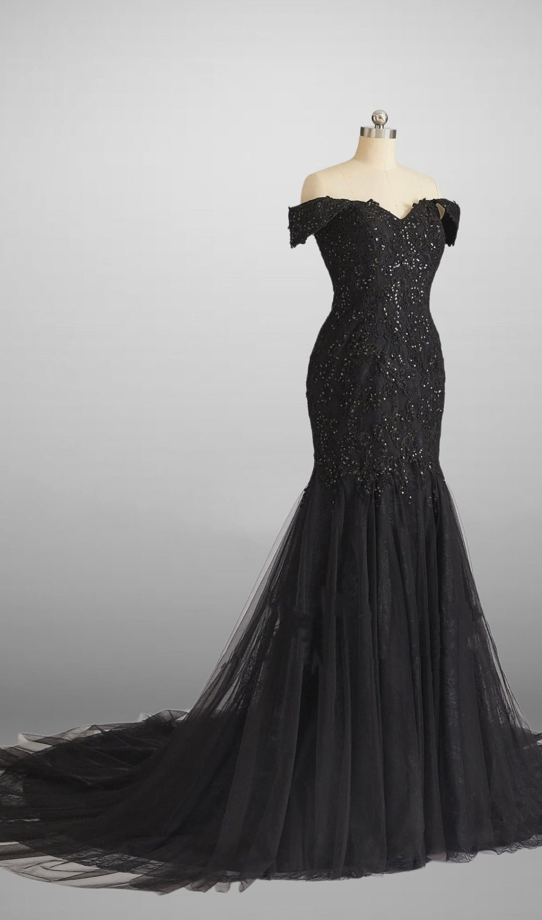Vintage Inspired Gothic Black Lace Beaded Mermaid Wedding Dress Plus Size - WonderlandByLilian
