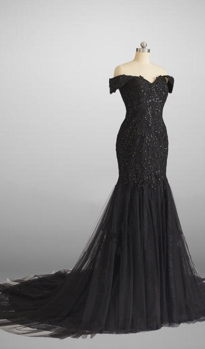 Vintage Inspired Gothic Black Lace Beaded Mermaid Wedding Dress Plus Size - WonderlandByLilian