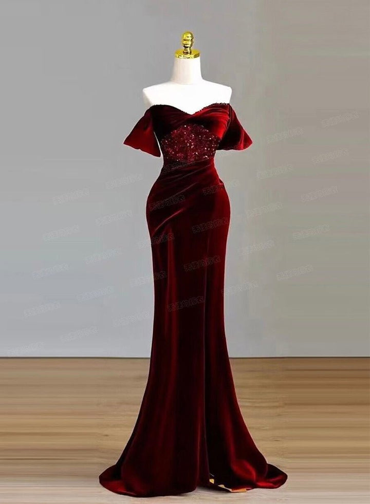 Vintage Inspired Off Shoulder Gothic Burgundy Beaded Velvet Formal Dress With High Slit - Plus Size - WonderlandByLilian