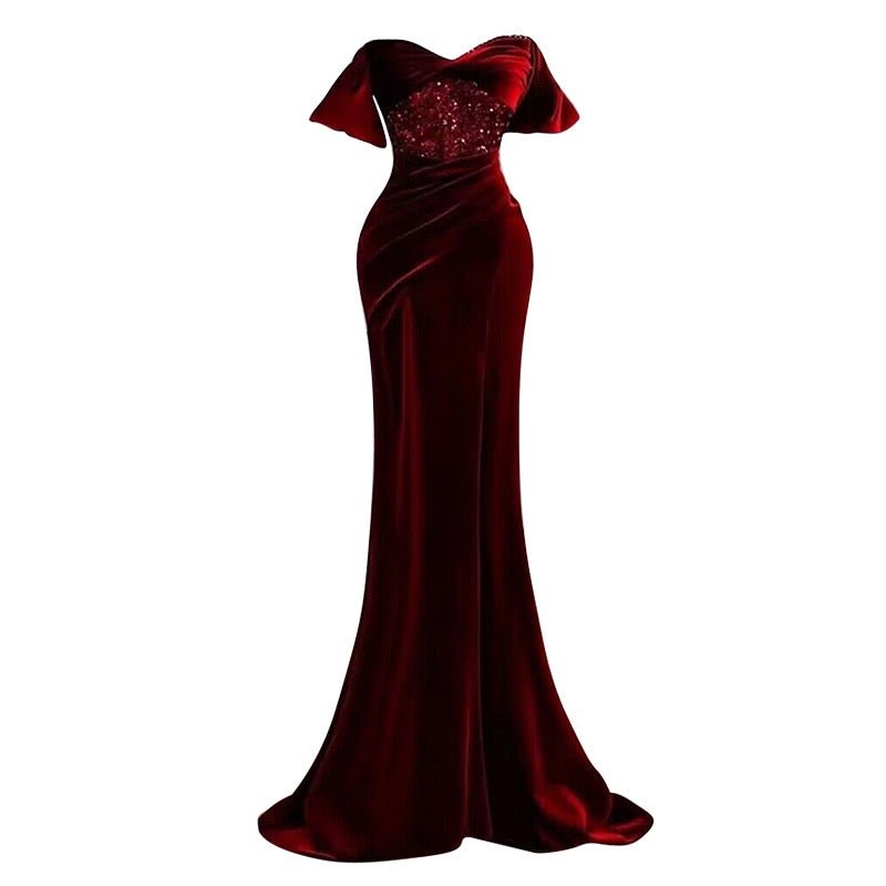 Vintage Inspired Off Shoulder Gothic Burgundy Beaded Velvet Formal Dress With High Slit - Plus Size - WonderlandByLilian