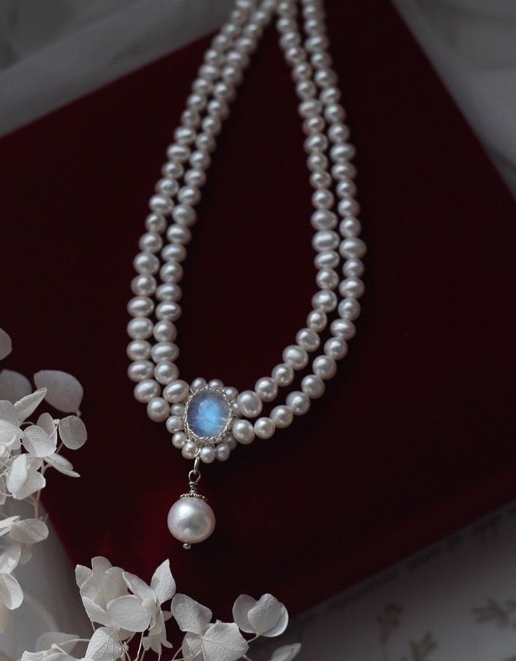 Vintage Regency Era Moonstone Pearl Necklace with - Freshwater Seedless - Victorian Gothic Bright Pearl Chocker Necklace - double Strand - WonderlandByLilian