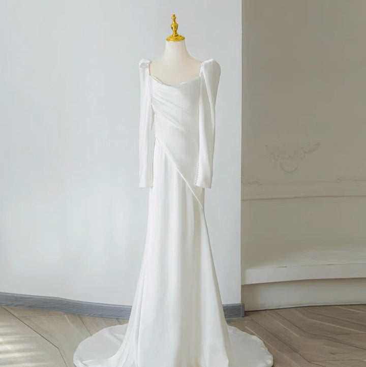 VINTAGE SATIN WEDDING DRESS WITH LONG SLEEVES - SIMPLE WEDDING DRESS PLUS SIZE - WonderlandByLilian