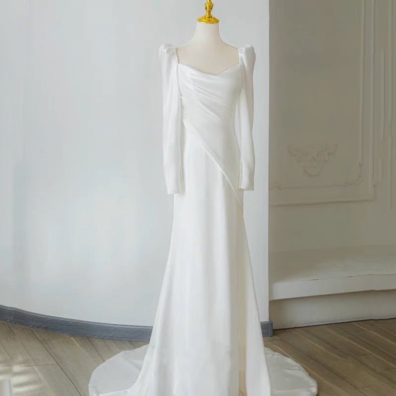 VINTAGE SATIN WEDDING DRESS WITH LONG SLEEVES - SIMPLE WEDDING DRESS PLUS SIZE - WonderlandByLilian