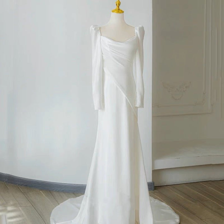 VINTAGE SATIN WEDDING DRESS WITH LONG SLEEVES - SIMPLE WEDDING DRESS PLUS SIZE - WonderlandByLilian