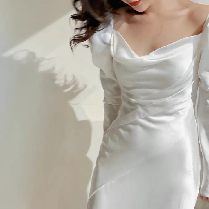 VINTAGE SATIN WEDDING DRESS WITH LONG SLEEVES - SIMPLE WEDDING DRESS PLUS SIZE - WonderlandByLilian