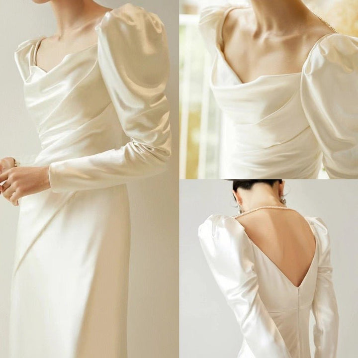 VINTAGE SATIN WEDDING DRESS WITH LONG SLEEVES - SIMPLE WEDDING DRESS PLUS SIZE - WonderlandByLilian