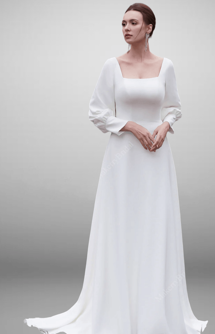 Vintage Simple Long Puff Sleeves A-Line Bateau Neckline Light Ivory Floor Length Bridal Gown - WonderlandByLilian