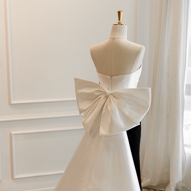 White And Black Simple Gothic Off Shoulder Formal Dress With Train With Bow Tie Plus Size - WonderlandByLilian