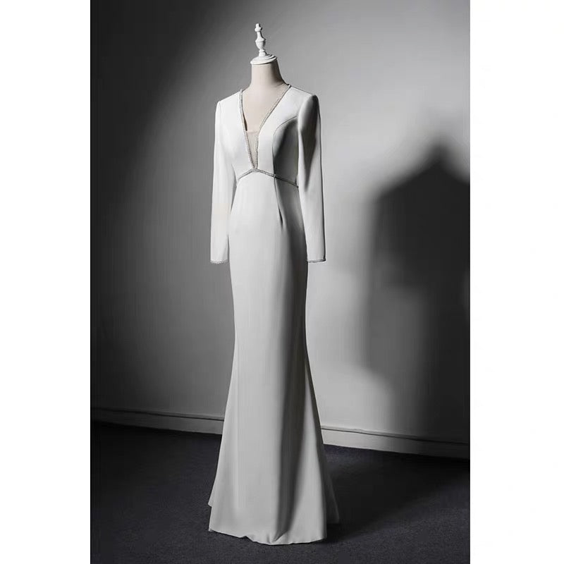 White V-neck Long Sleeve Backless Wedding Dress - Formal Dress With Crystal - Plus Size - WonderlandByLilian