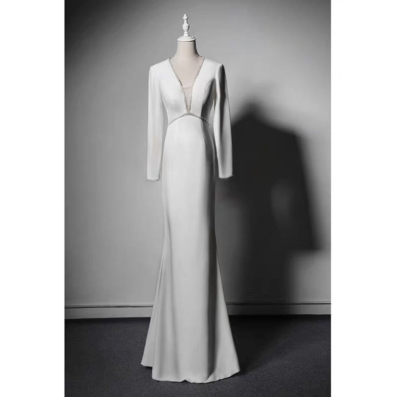 White V-neck Long Sleeve Backless Wedding Dress - Formal Dress With Crystal - Plus Size - WonderlandByLilian