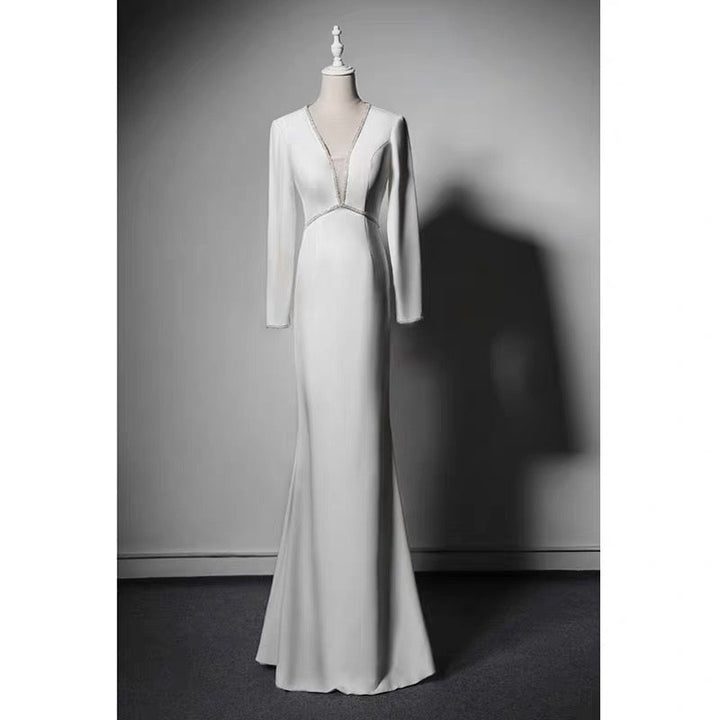 White V-neck Long Sleeve Backless Wedding Dress - Formal Dress With Crystal - Plus Size - WonderlandByLilian