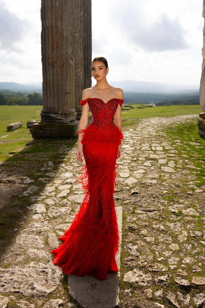 Red Sequin and Feather Dress with Off Shoulder Bodice – Embellished Designer Sequin Gown Plus Size