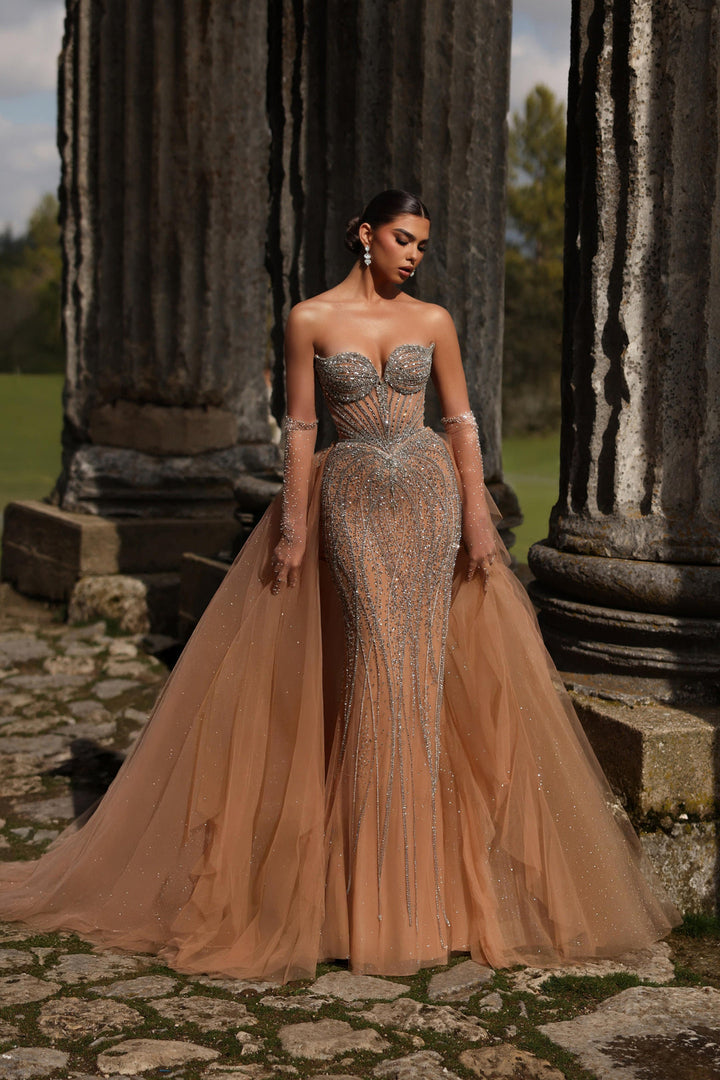Champagne Sequin Dress with Strapless Bodice and Overskirt – Strapless Glitter Dress with Tulle Plus Size