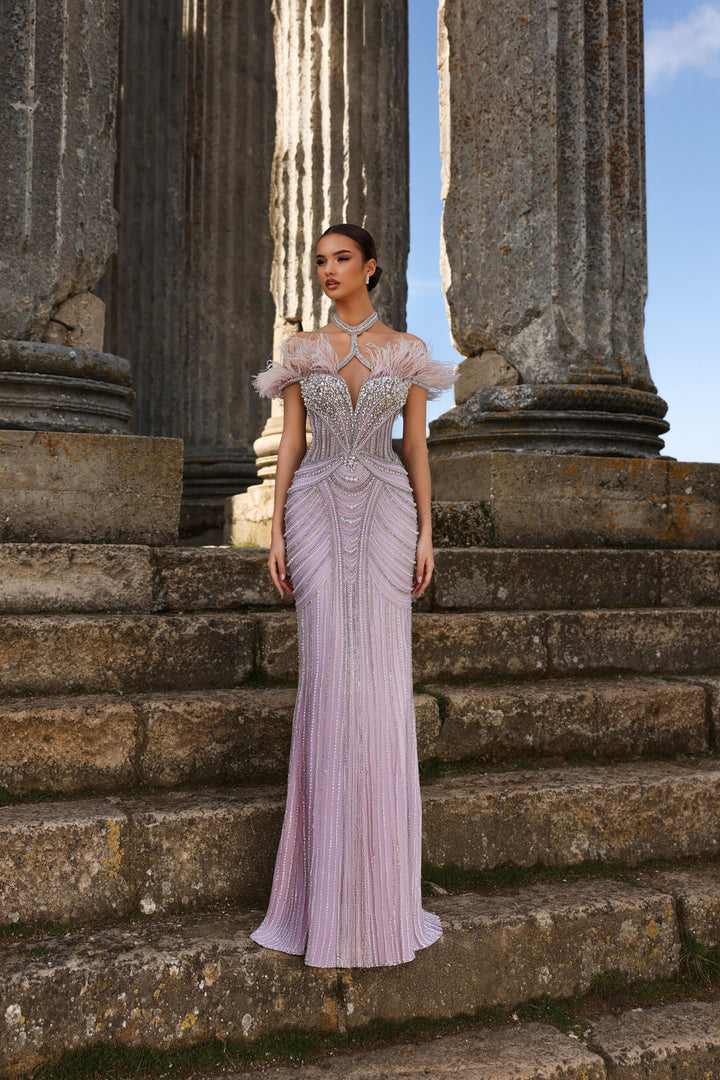 Purple Sequin Dress with Feather Shoulders and Pearl Embellished Bodice – Sequin and Feather Dress Plus Size