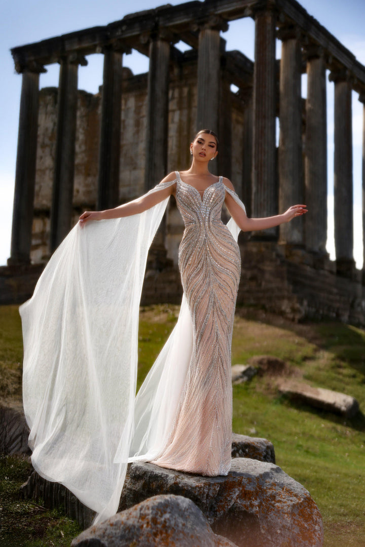 White Embellished Gown with Beaded Bodice and Cape – Glitter Maxi Dress Plus Size