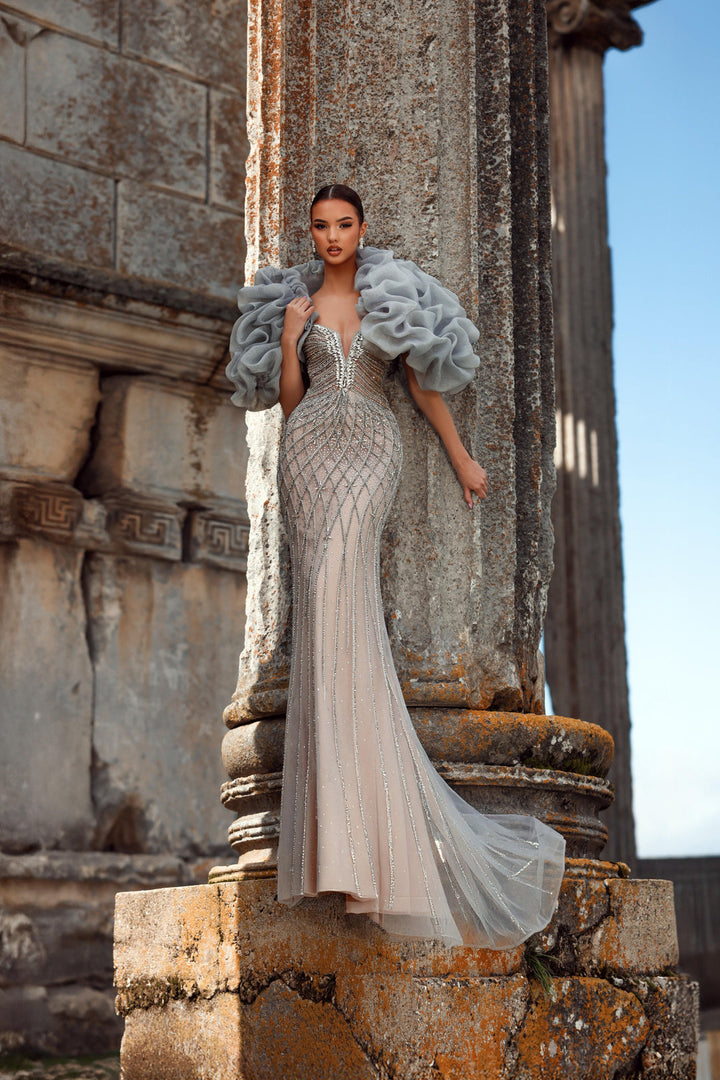 Grey Sequin Dress with Strapless Bodice and Ruffled Sleeves – Glitter Maxi Dress with V-Neck Plus Size