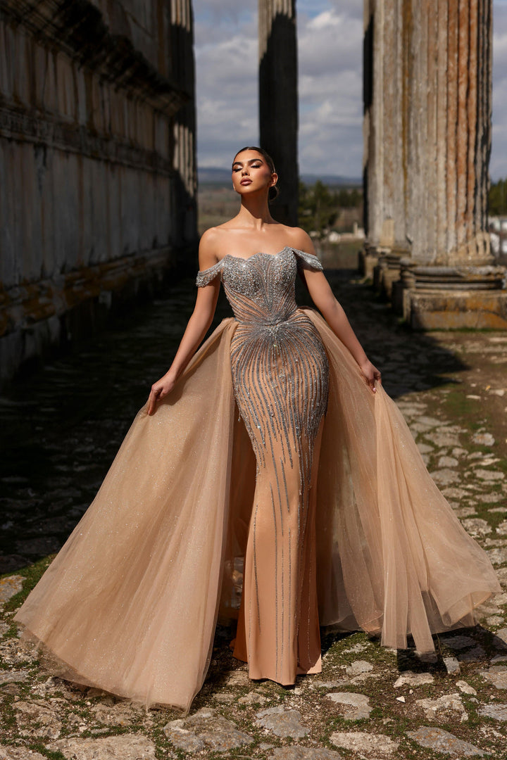 Champagne Glitter Sequin Dress with Off Shoulder Bodice – Embellished Gown with Tulle Overskirt Plus Size