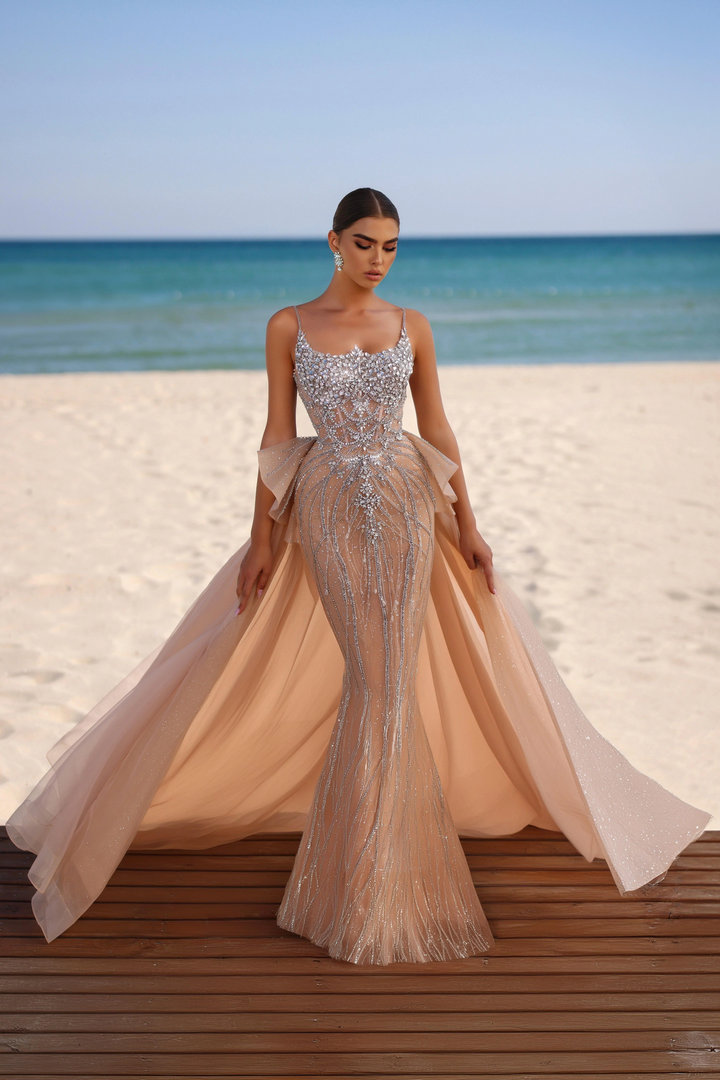 Champagne Sequin Ball Gown with Layered Tulle Skirt - Pretty Sequin Dress - Designer Sequin Gown Plus Size