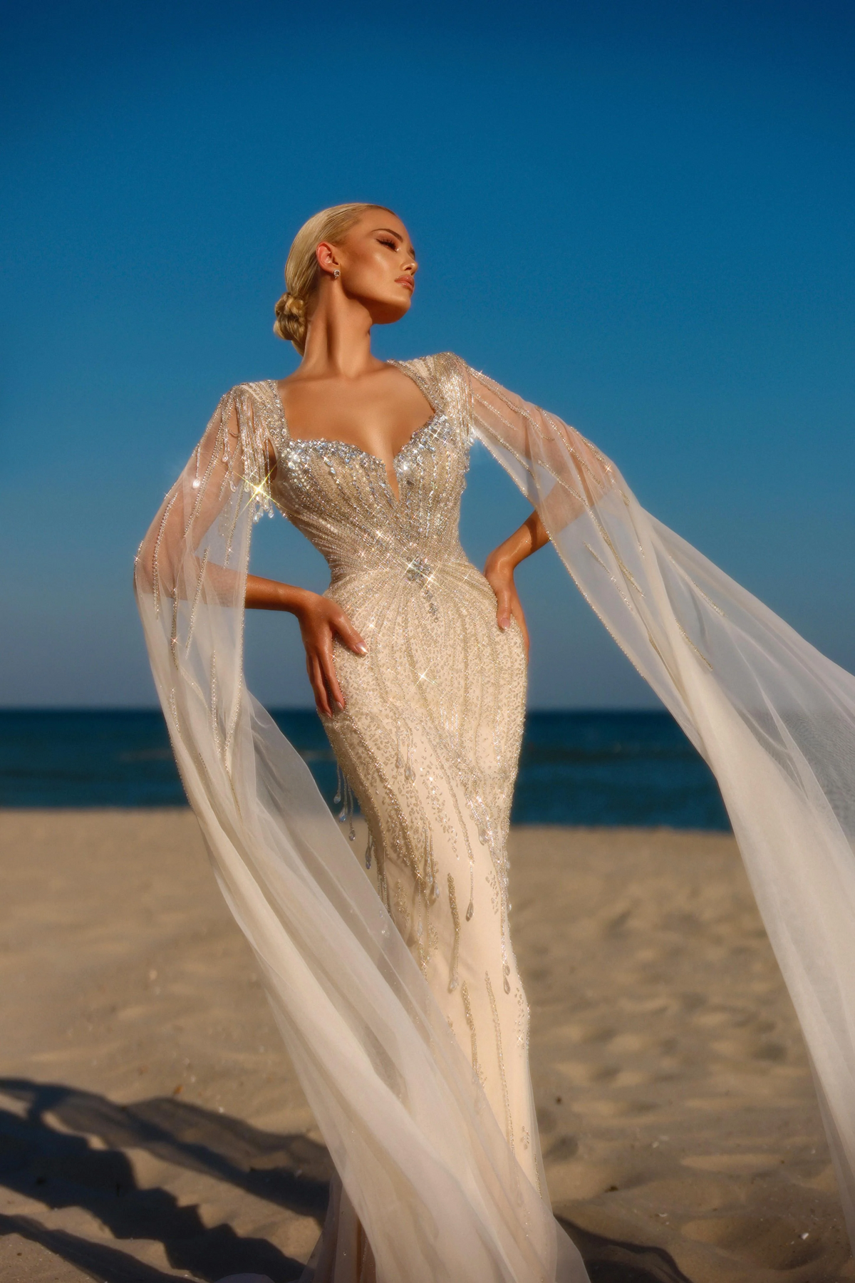 White Sequin Evening Gown with Cape Sleeves - White Sequin Dress - Designer Sequin Gown Plus Size Size 2 / White White Sequin Evening Gown with Cape Sleeves - White Sequin Dress - Designer Sequin Gown Plus Size Size 2 / White