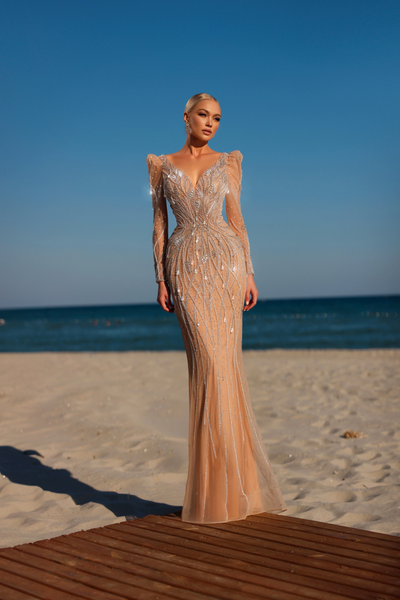 Champagne Dress for Wedding Guest with Long Sleeves - Pretty Sequin Dress with Illusion Details - Illusion Formal Dress Plus Size Size 12 / Champagne Champagne Dress for Wedding Guest with Long Sleeves - Pretty Sequin Dress with Illusion Details - Illusion Formal Dress Plus Size Size 12 / Champagne