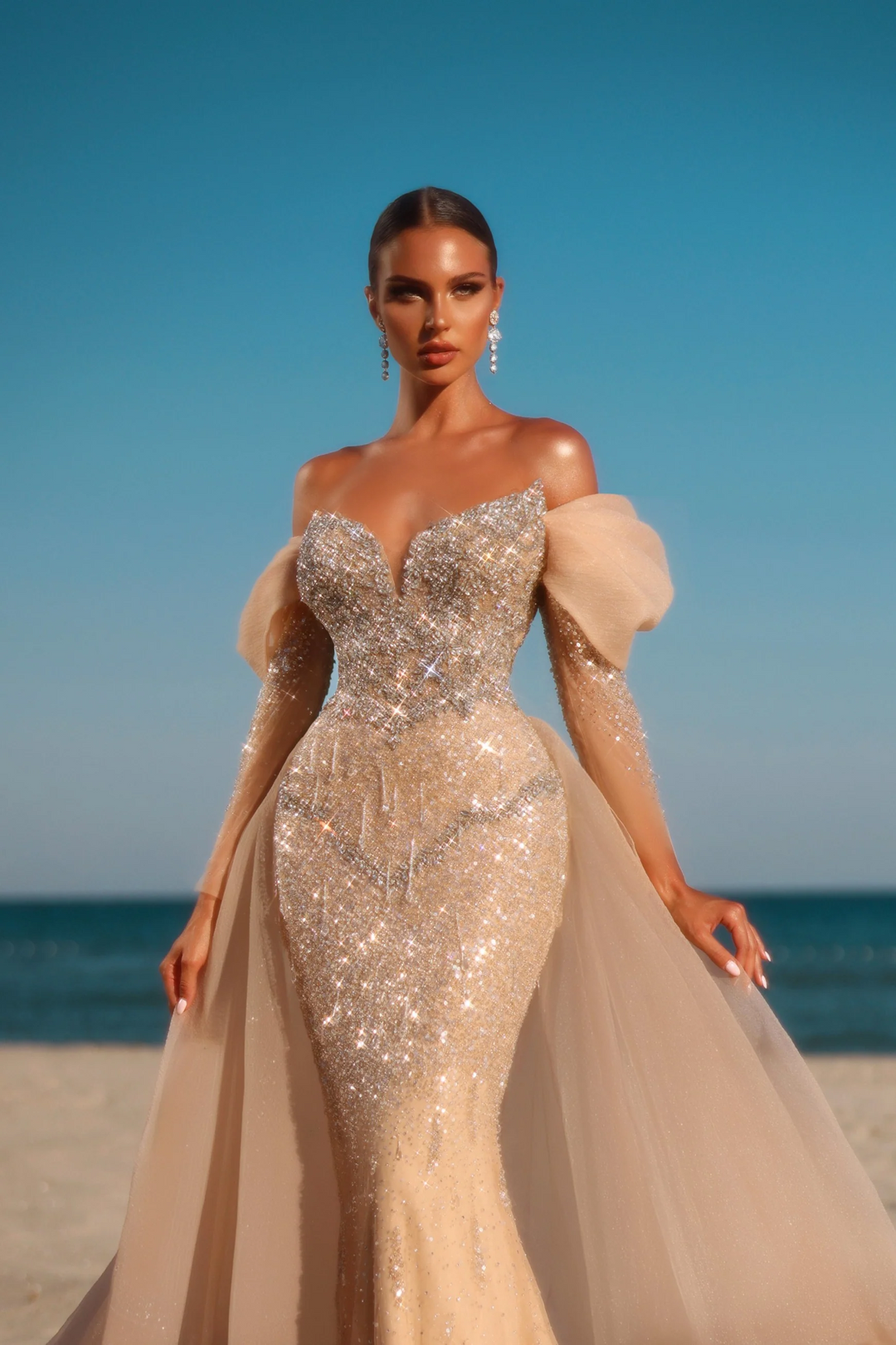 Champagne Sequin Mermaid Gown with Sheer Puff Sleeves - Glamorous Evening Dress - Elegant Wedding Guest Dress Plus Size