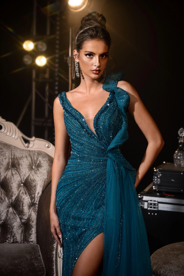 Gothic Teal Designer Sequin Gown with Draped Shoulder Detail - Teal Sequins Evening Gown and Side Slit Plus Size