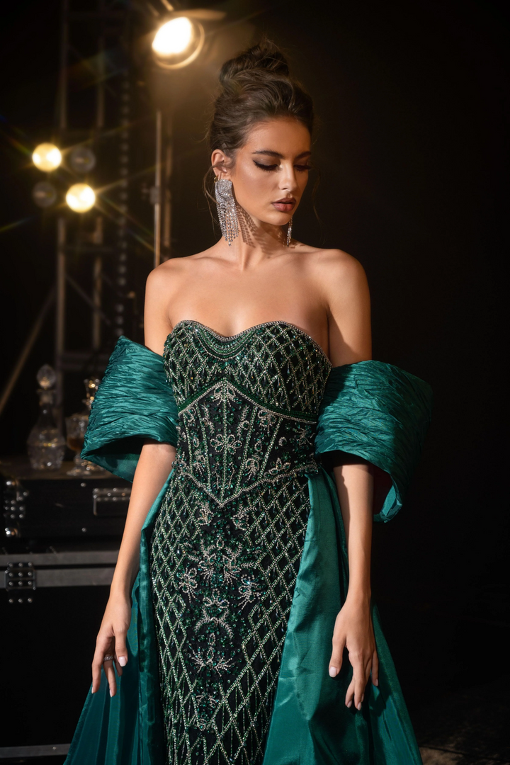 Gothic Emerald Green Embellished Gown with Overskirt - Designer Sequin Gown - Strapless Glitter Dress with Bow Detail Plus Size