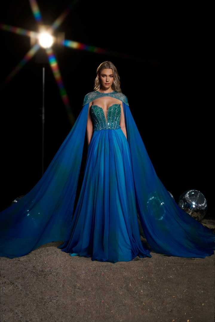 Gothic Royal Blue Prom Dress - Embellished Gown with Cape Sleeves - Sparkly Maxi Dress - Sequin Evening Gown Plus Size