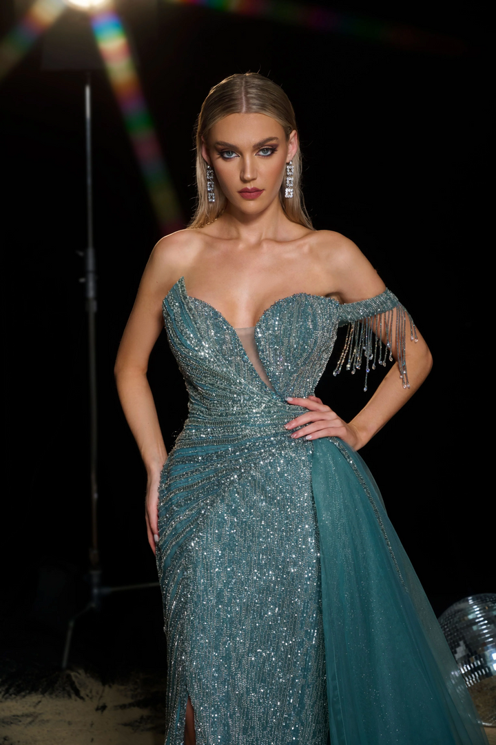 Gothic Teal Sequin Ball Gown with Off-Shoulder Sleeves - Sparkly Maxi Dress with Thigh-High Slit - Designer Sequin Gown Plus Size