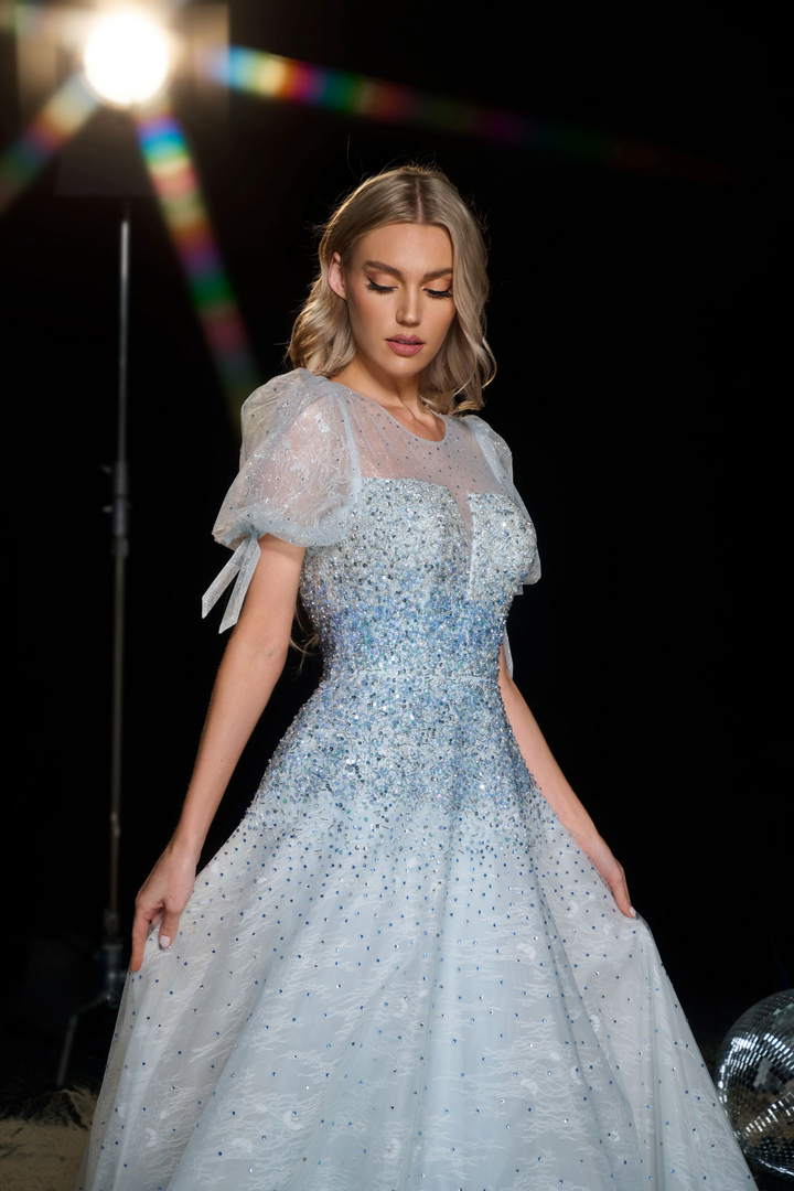 Blue Sequin Ball Gown with Puff Sleeves - Embellished Gown with Sweetheart Neckline - Sparkly Blue Sequin Dress Plus Size