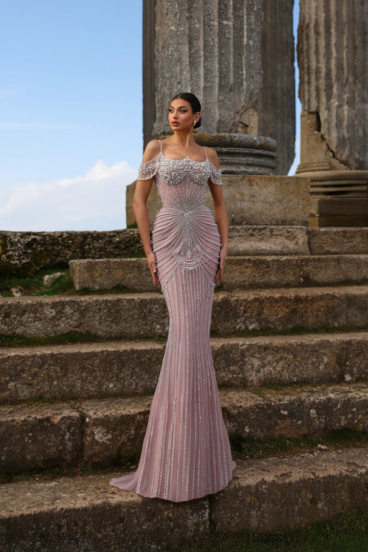 Pink Sequin Dress with Pearl Embellished Bodice and Cold Shoulder Sleeves – Embellished Gown Plus Size