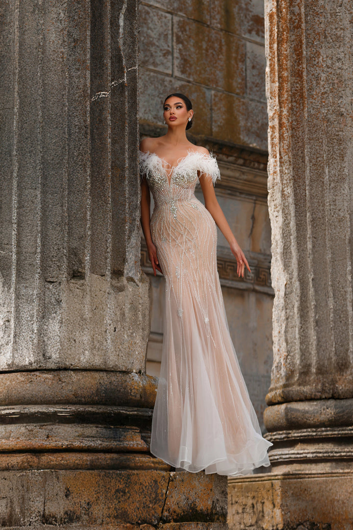 White Sequin Dress with Feather Off-Shoulder Bodice – Sequin and Feather Dress with Tulle Plus Size